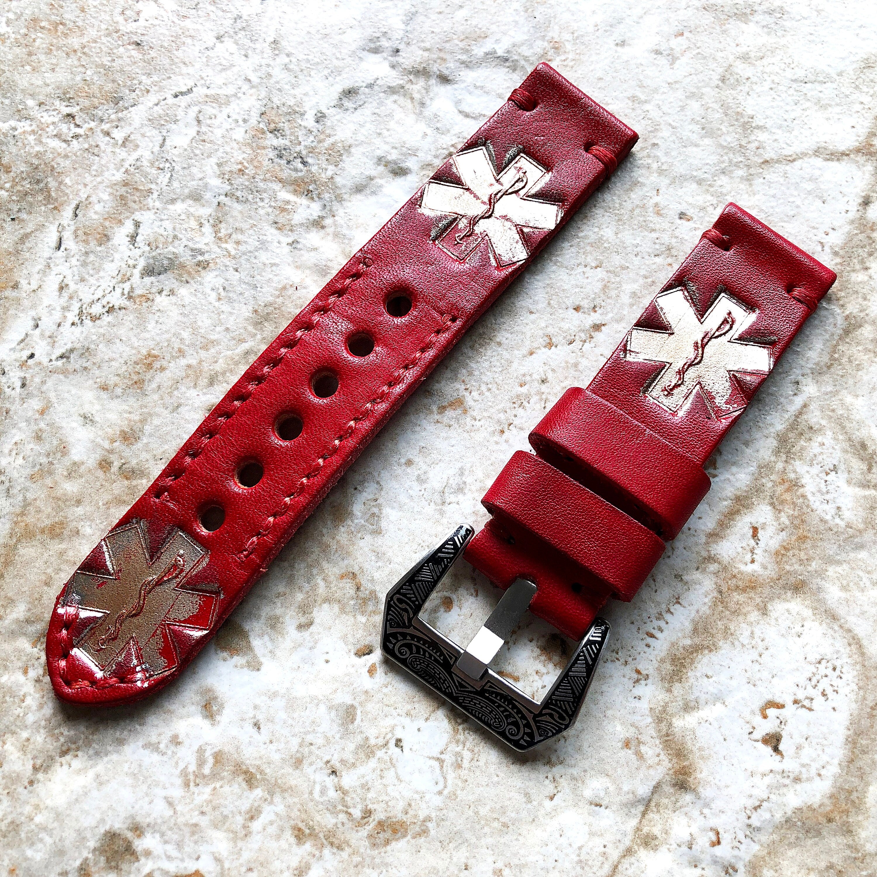 EMS Doc Medic Band 22mm 24mm 25mm Compatible with Apple Watch Fitbit Versa 2 3 4 Sense 2 Ionic Accented Embossed Tooled Real Leather Strap